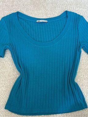 Zara Bright Blue Ribbed Scoop Neck Short Sleeve Tee